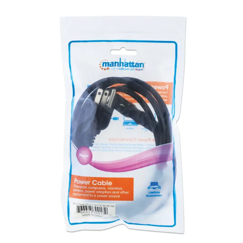 CABLE MANHATTAN 300179 DE ALIMENTACION (A/C) PARA MONITOR 3 PINES 6 PIES 1.8M COLOR NEGRO