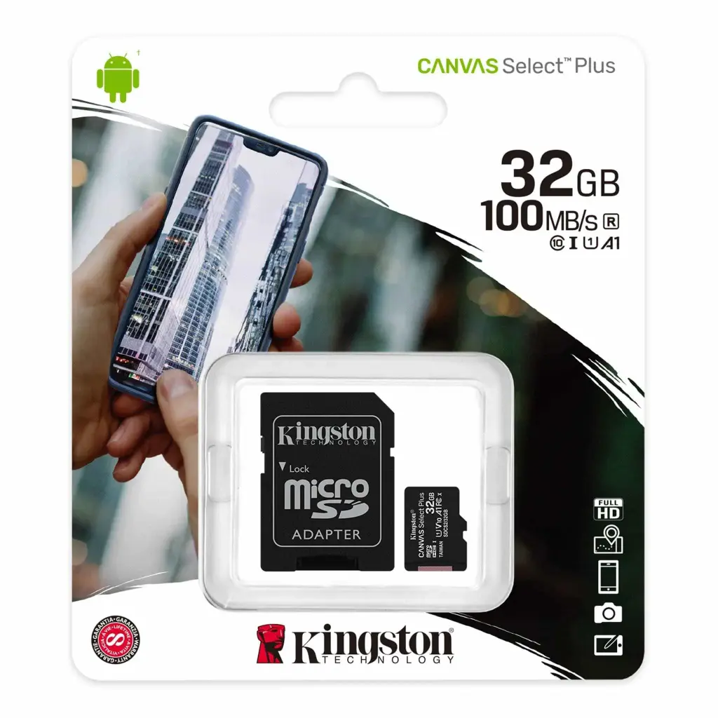 MICRO SD KINGSTON 32GB MICSDHC CANVAS SELECT PLUS 100R A1 C10 CARD