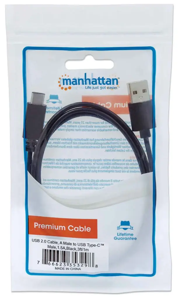 CABLE MANHATTAN 353298 USB 2.0 A MACHO USB C MACHO 3 PIES/1M NEGRO